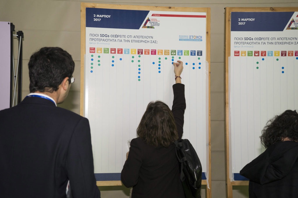 Engaging for implementing the UN SDG's case study: image of the UN SDGs symbols on a board